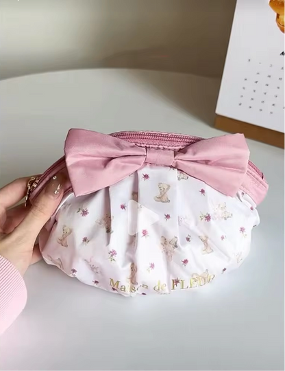 Maison De FLEUR Japanese Teddy Bear Satin Bow Makeup Bag