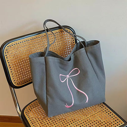 Embroidered Bow Ribbon Large Cotton Tote Shoulder Bag