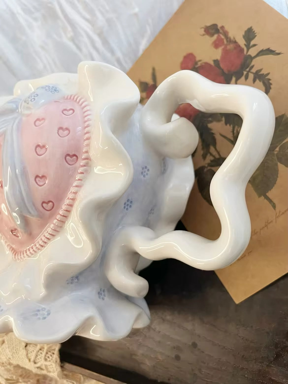 Ceramic Teapot Mug Set Pastel Pink Strawberry Bow Vintage Style Kitchen Decor