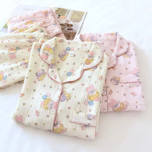 Beau Vie Womens Pyjamas Pastel Jester Print Cute Loose Soft Waffle Cotton Matching Set