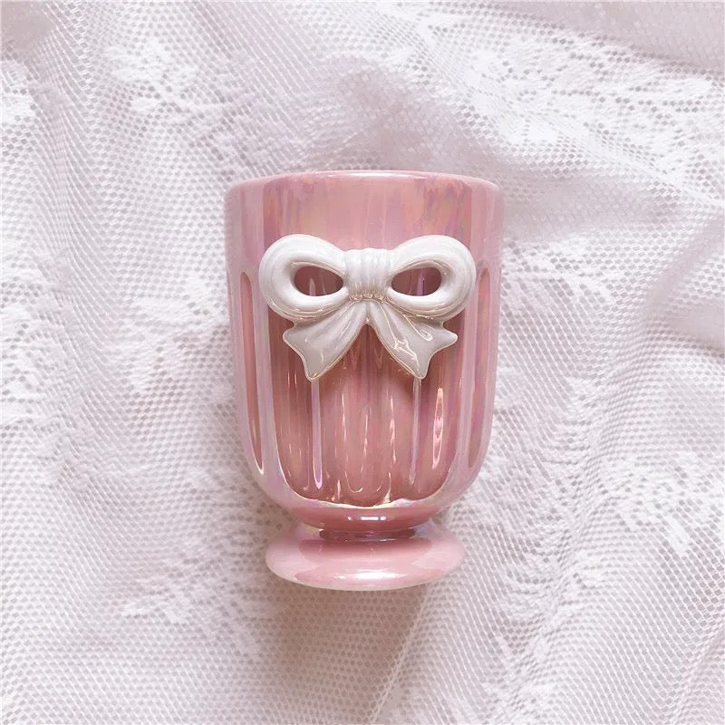 Pink Ribbon Bow Ceramic Glazed Bathroom Set French Style Decor