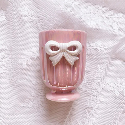 Pink Ribbon Bow Ceramic Glazed Bathroom Set French Style Decor
