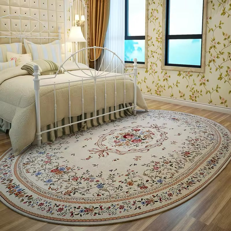 Elegant French Floral Bouquet Ribbon Vintage Cream Oval Carpet Rug