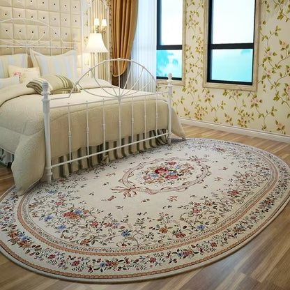 Elegant French Floral Bouquet Ribbon Vintage Cream Oval Carpet Rug