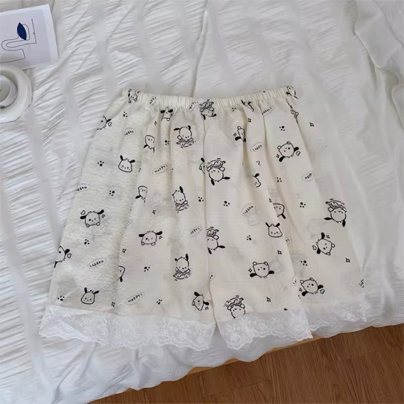 Sanrio Hello Kitty & Friends Womens Pyjamas Check Print Waffle Texture Loose Cotton Casual Stretch Shorts