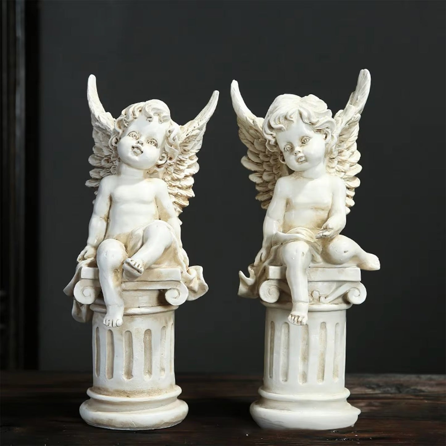 Matching 2pcs Stone Angel Cupid Pillar Vintage Statues