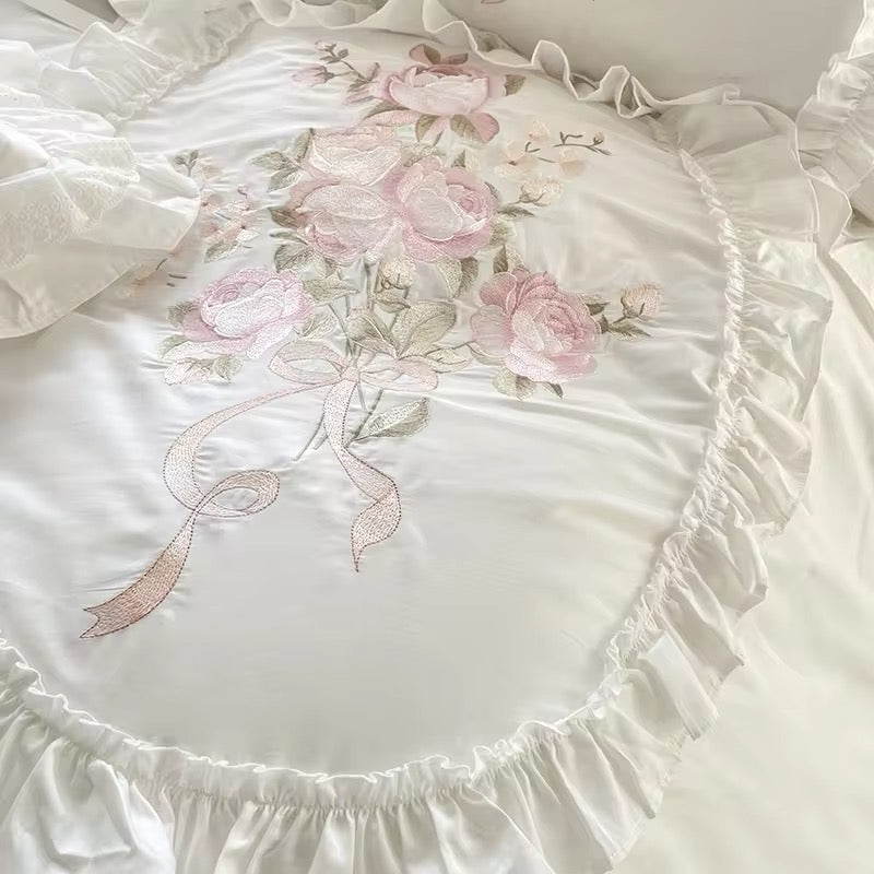 Floral Bouquet Pink English Rose Egyptian Cotton Vintage Ruffle hem Duvet Bedding Set