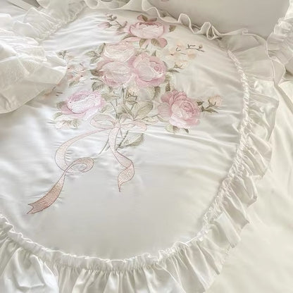 Floral Bouquet Pink English Rose Egyptian Cotton Vintage Ruffle hem Duvet Bedding Set