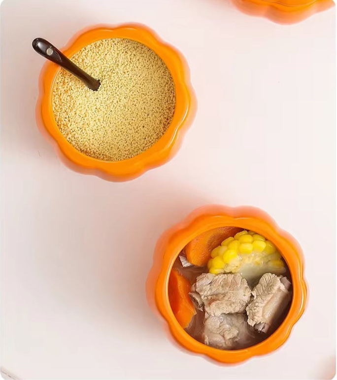 Autumn/Fall Vintage Pumpkin 3D Ceramic Handmade Sugar Bowl Jar & Spoon Set