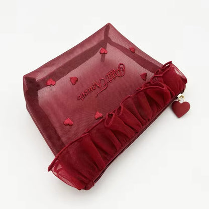 Petit Trouver Classic French Valentines Style Ruffle Mesh Lace Cosmetic Organiser Bag