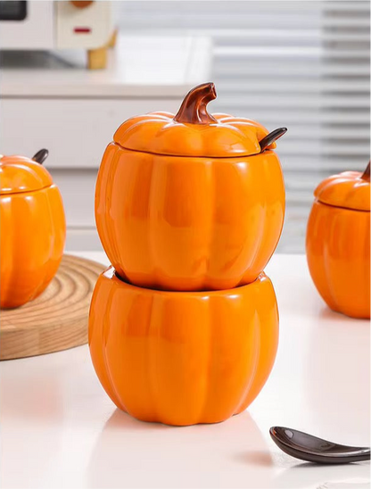 Autumn/Fall Vintage Pumpkin 3D Ceramic Handmade Sugar Bowl Jar & Spoon Set