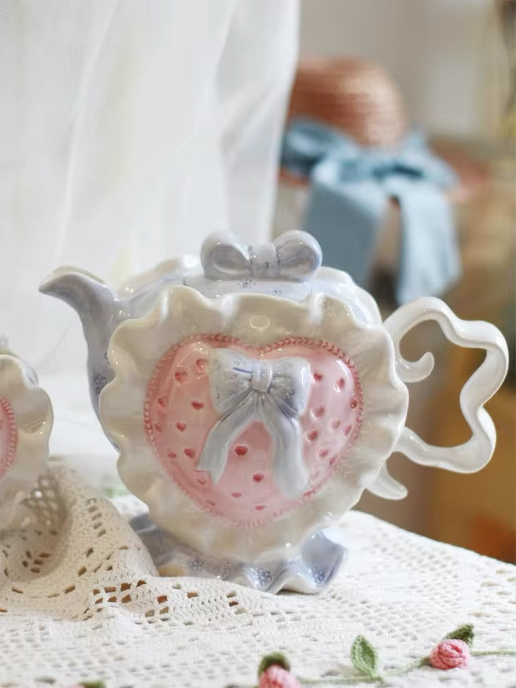 Ceramic Teapot Mug Set Pastel Pink Strawberry Bow Vintage Style Kitchen Decor