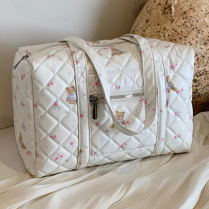 Floral Teddy Bear Quilted Leather Cute Daily Shoulder Bag