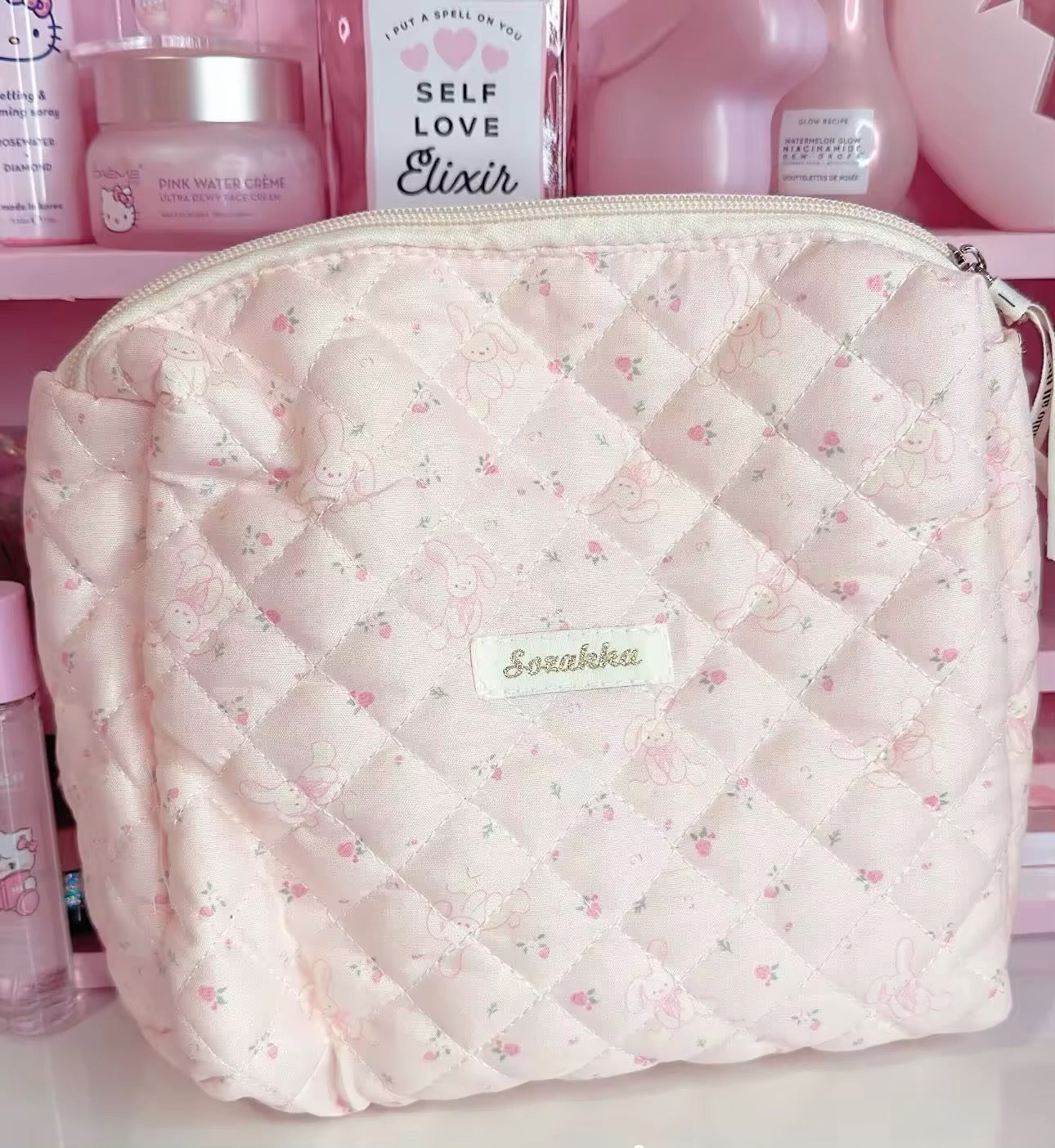 Sozakka Handmade Quilt Patchwork Cute Pink Pattern Cosmetic Pouch Bags