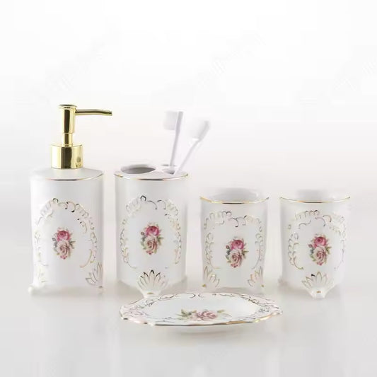 Floral 5pcs Set Vintage Gold Detail Ceramic Glazed Bathroom Style Decor