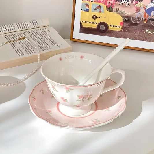 Rose Rabbit Pink Floral Ceramic Teacup And Saucer Set