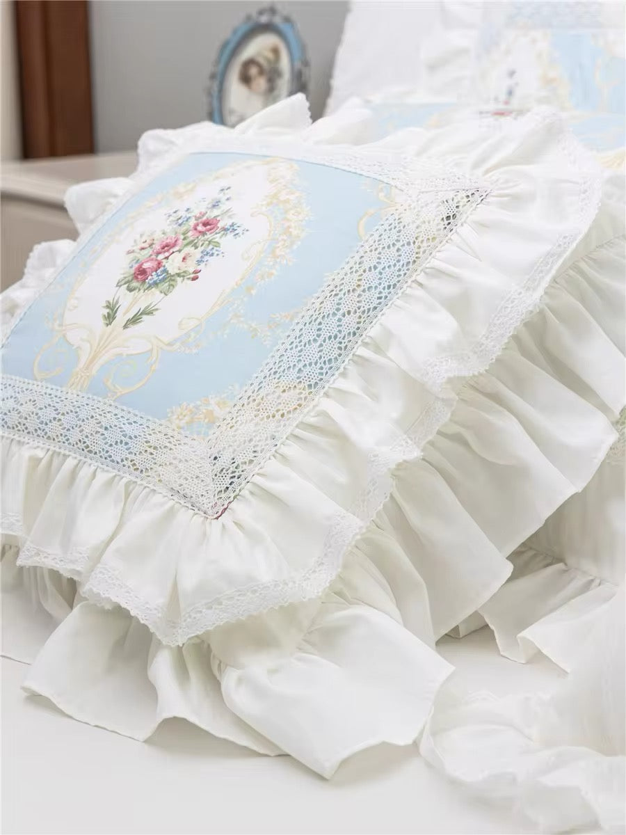 Pastel Blue Floral Pink Victorian French Bouquet Lace Princess Ruffle Hem Luxury Pillow Cover