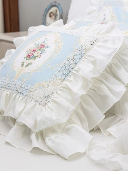 Pastel Blue Floral Pink Victorian French Bouquet Lace Princess Ruffle Hem Luxury Pillow Cover