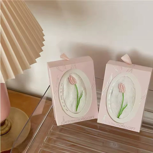 Tulip Pink Embroidered Hand Towel Gift Box Microfiber Flannel