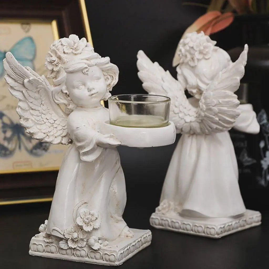 Matching Stone Angel Cupid Statue Tealight Candle Holders