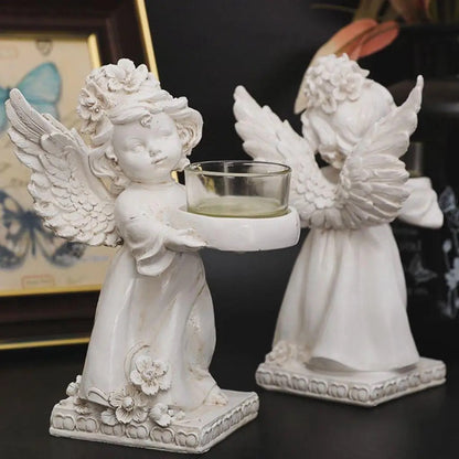 Matching Stone Angel Cupid Statue Tealight Candle Holders