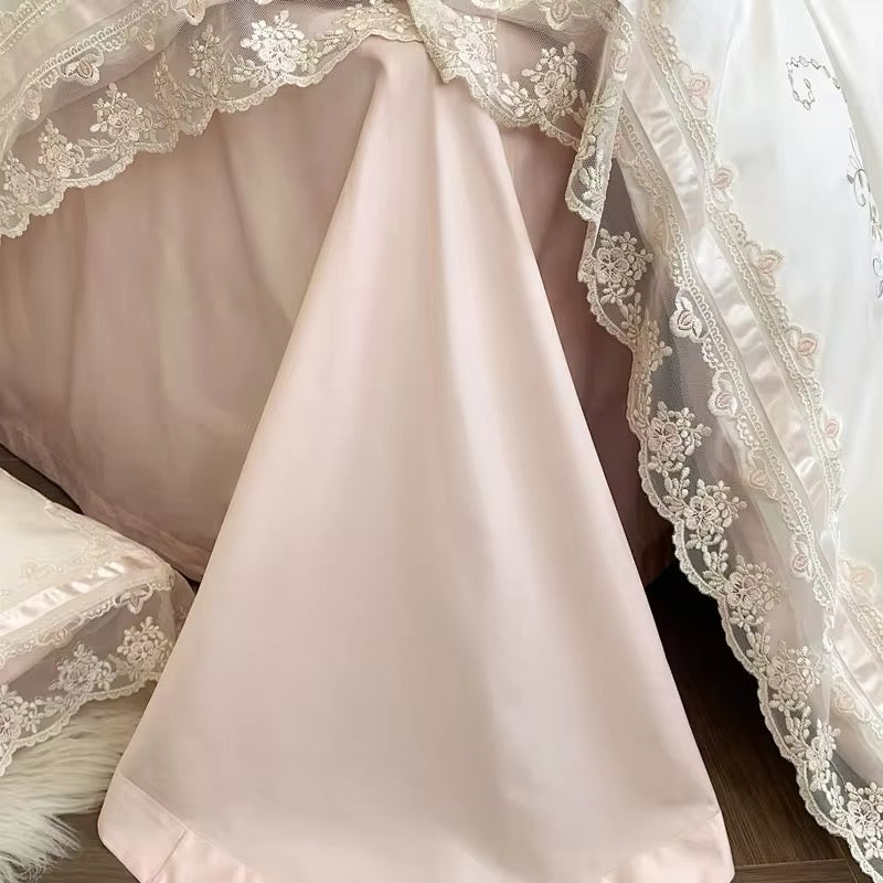 Floral Lace Pink Ribbon Satin Egyptian Cotton Vintage Embroidered Scalloped hem Duvet Bedding Set