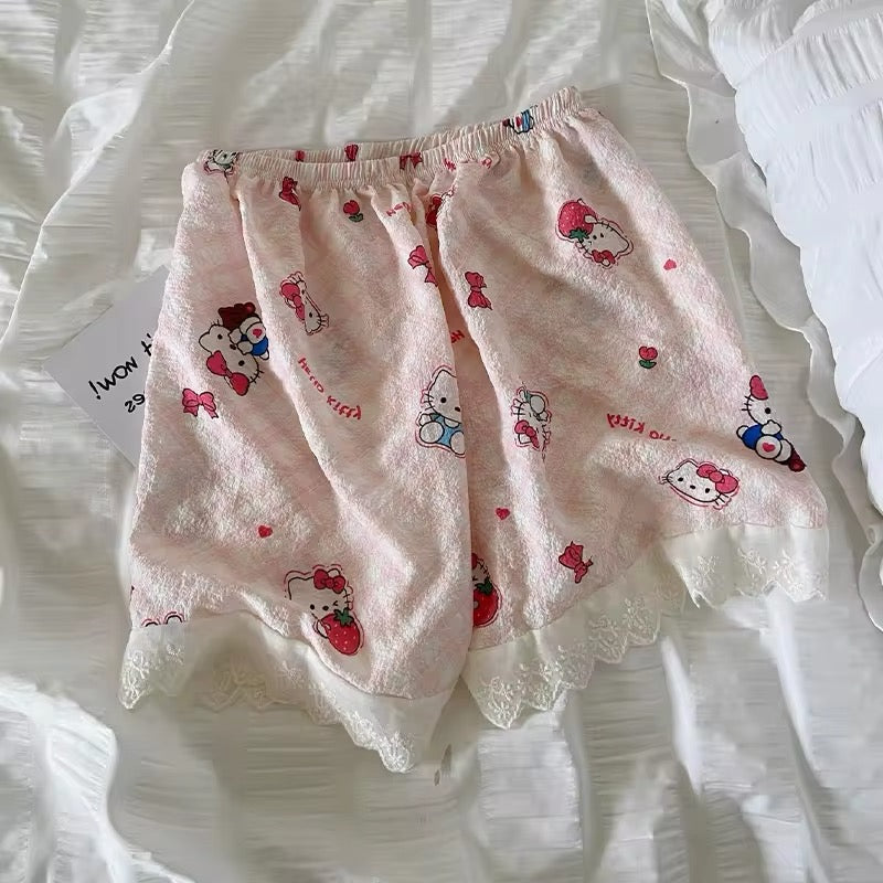 Sanrio Hello Kitty & Friends Womens Pyjamas Check Print Waffle Texture Loose Cotton Casual Stretch Shorts