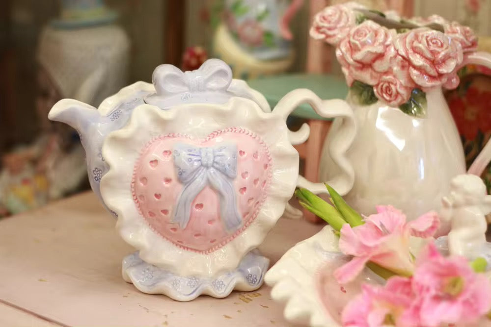 Ceramic Teapot Mug Set Pastel Pink Strawberry Bow Vintage Style Kitchen Decor