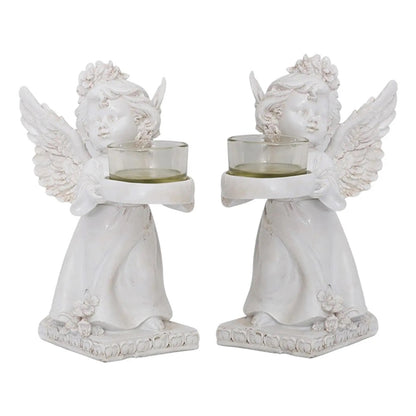 Matching Stone Angel Cupid Statue Tealight Candle Holders