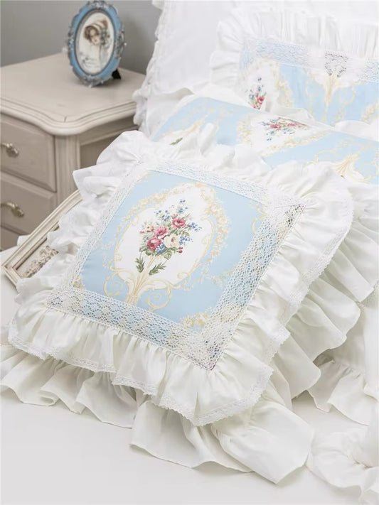 Pastel Blue Floral Pink Victorian French Bouquet Lace Princess Ruffle Hem Luxury Pillow Cover