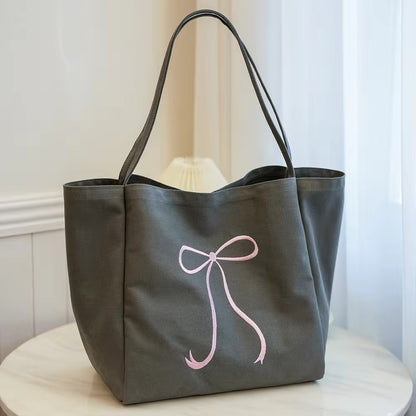 Embroidered Bow Ribbon Large Cotton Tote Shoulder Bag