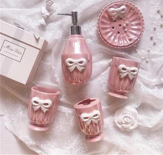 Pink Ribbon Bow Ceramic Glazed Bathroom Set French Style Decor