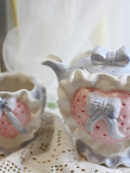 Ceramic Teapot Mug Set Pastel Pink Strawberry Bow Vintage Style Kitchen Decor