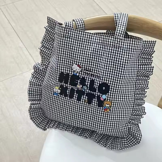 MINISO Hello Kitty Ruffle Gingham Embroidered Picnic Cotton Shopper Reusable Tote Shoulder Bag