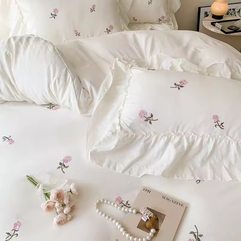 Pink English Rose Embroidered Frill Hem Soft Cotton Vintage Duvet Bedding Set