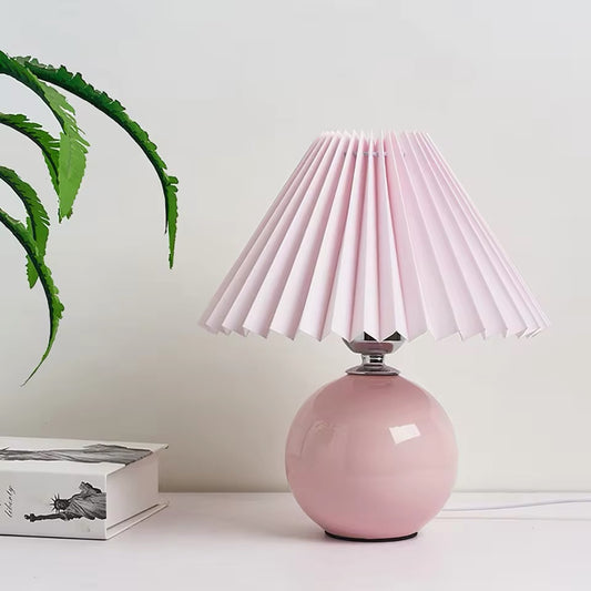 Retro Baby Pink Pleated Lamp Shade Ceramic Tabletop Light
