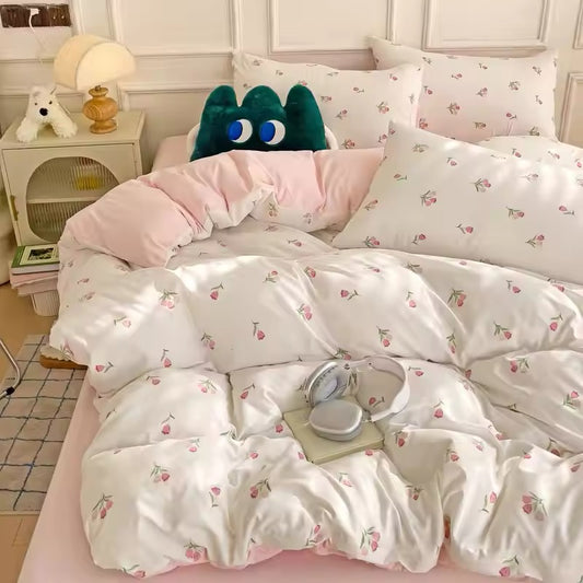 Tulips Floral Pink Soft Cotton Vintage Coquette 3pcs Duvet Bedding Set