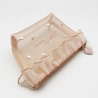 Petit Trouver Classic French Valentines Style Ruffle Mesh Lace Cosmetic Organiser Bag