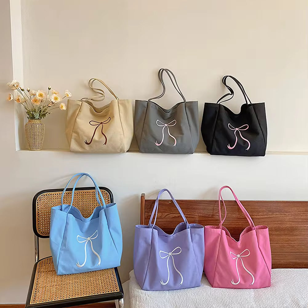 Embroidered Bow Ribbon Large Cotton Tote Shoulder Bag