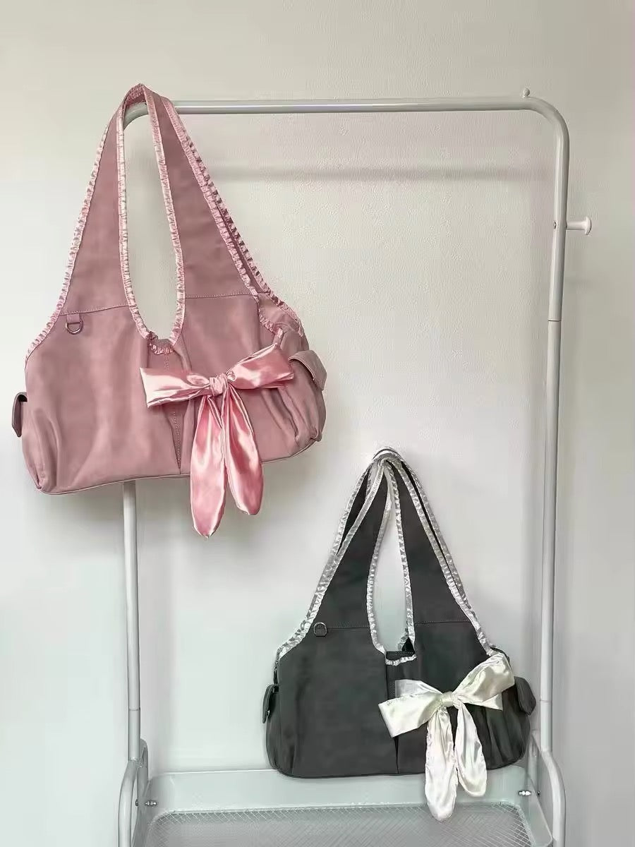 Silk Pink Ribbon Ballerina Large Tote Crossbody Shoulder Bag