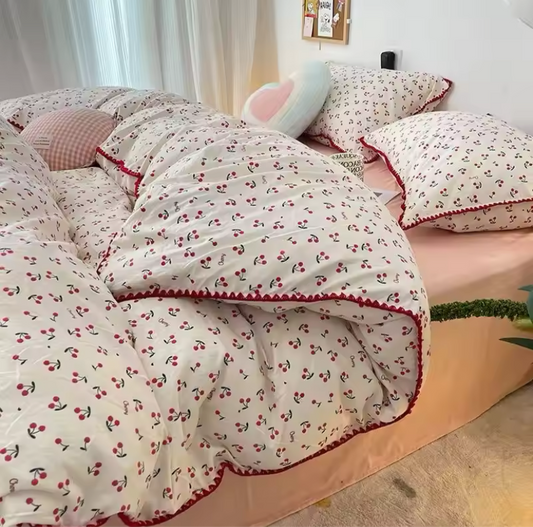 Cherry Red Pattern Embroidered Hem Soft Cotton Duvet Bedding Set