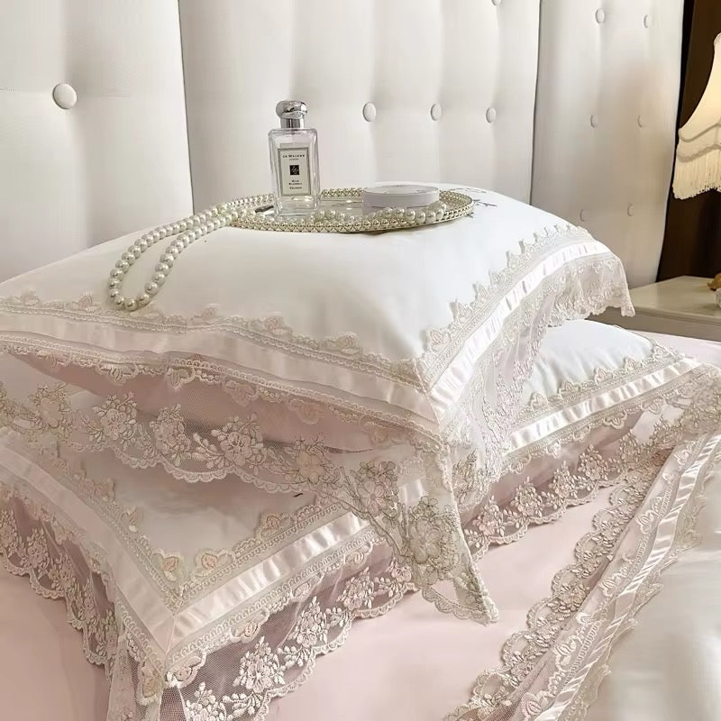 Floral Lace Pink Ribbon Satin Egyptian Cotton Vintage Embroidered Scalloped hem Duvet Bedding Set