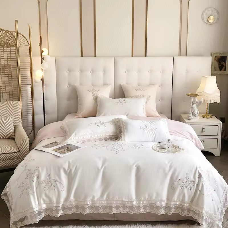 Floral Lace Pink Ribbon Satin Egyptian Cotton Vintage Embroidered Scalloped hem Duvet Bedding Set