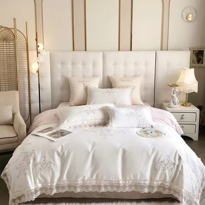 Floral Lace Pink Ribbon Satin Egyptian Cotton Vintage Embroidered Scalloped hem Duvet Bedding Set