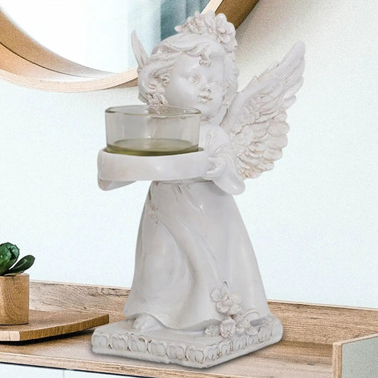 Matching Stone Angel Cupid Statue Tealight Candle Holders