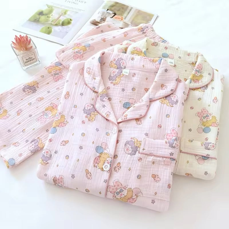 Beau Vie Womens Pyjamas Pastel Jester Print Cute Loose Soft Waffle Cotton Matching Set