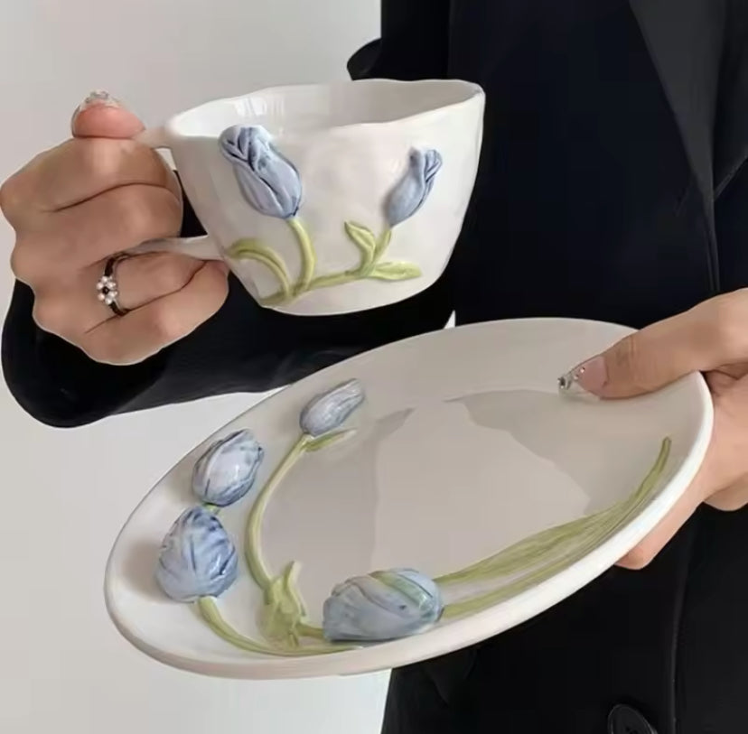Tulip 3D Fairycore Ceramic Porcelain Mug And Plate Matching Set