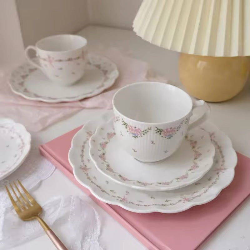 Floral Pink Ceramic Ribbon Porcelain Teacup And Saucer Set