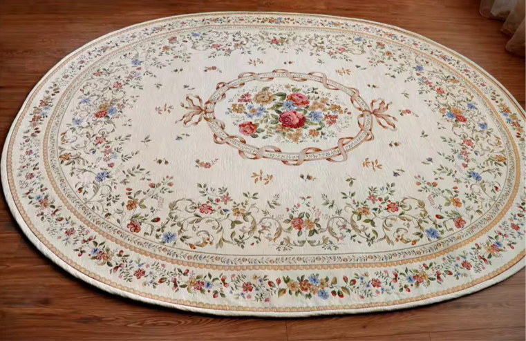 Elegant French Floral Bouquet Ribbon Vintage Cream Oval Carpet Rug