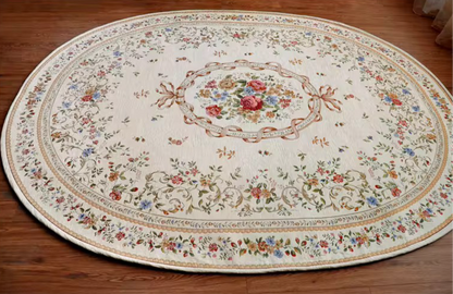 Elegant French Floral Bouquet Ribbon Vintage Cream Oval Carpet Rug